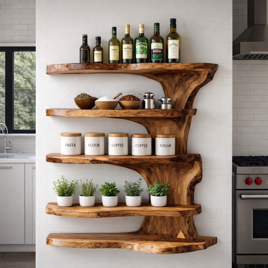 Solid Wood Live Edge Kitchen Cabinet Shelf – Organic Floating Wall Storage