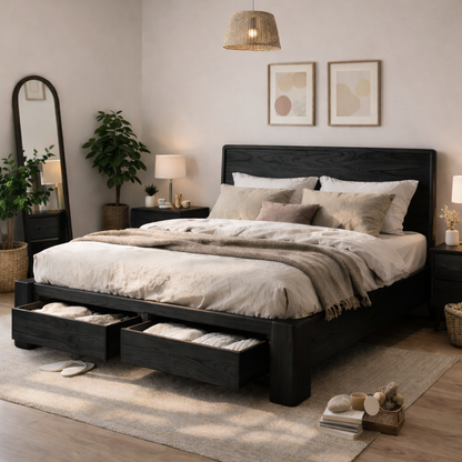 Solid Wood Bed Frame with Storage Drawers – Modern Rustic Platform Bed
