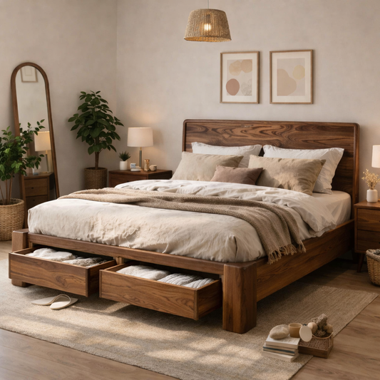 Solid Wood Bed Frame with Storage Drawers – Modern Rustic Platform Bed