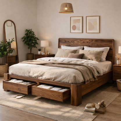 Solid Wood Bed Frame with Storage Drawers – Modern Rustic Platform Bed