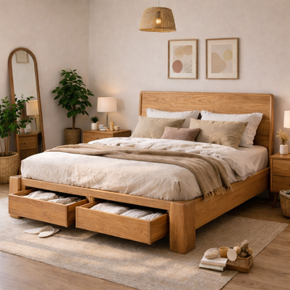 Solid Wood Bed Frame with Storage Drawers – Modern Rustic Platform Bed