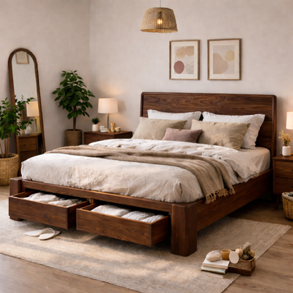 Solid Wood Bed Frame with Storage Drawers – Modern Rustic Platform Bed