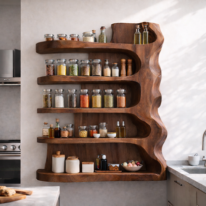 Solid Wood Kitchen Cabinet Shelf – Sculptural Floating Spice Storage Unit
