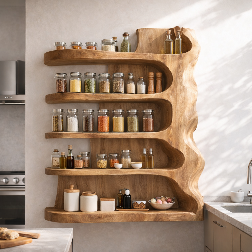 Solid Wood Kitchen Cabinet Shelf – Sculptural Floating Spice Storage Unit