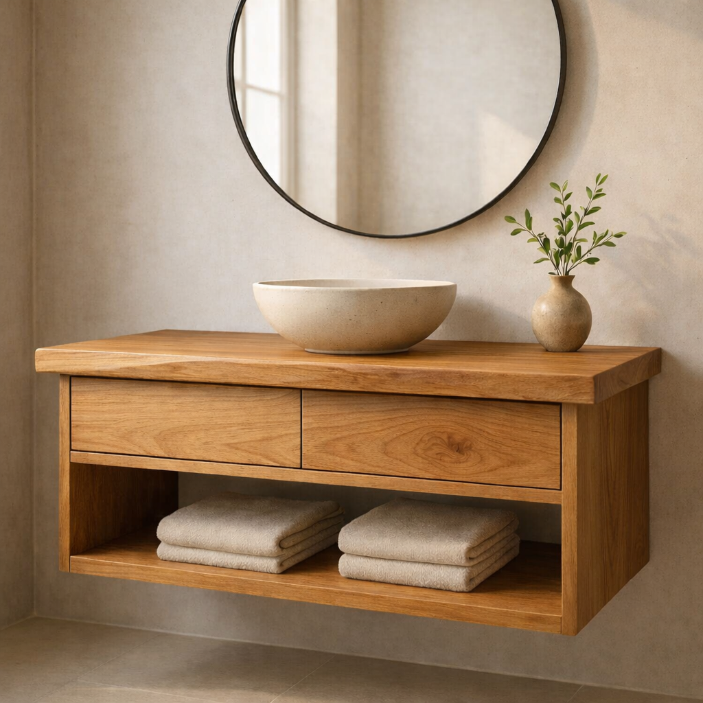 Modern Solid Wood Floating Bathroom Vanity with Live Edge Countertop and Open Shelf Storage