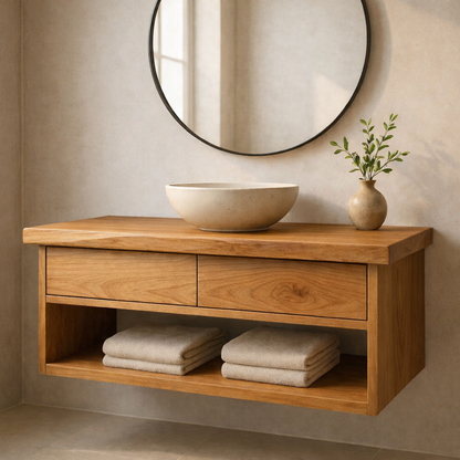 Modern Solid Wood Floating Bathroom Vanity with Live Edge Countertop and Open Shelf Storage