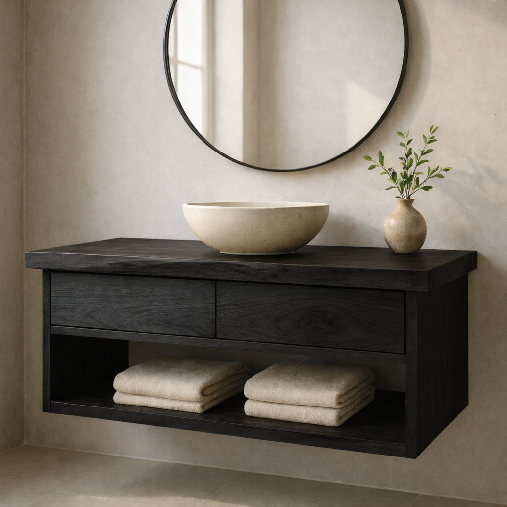 Modern Solid Wood Floating Bathroom Vanity with Live Edge Countertop and Open Shelf Storage