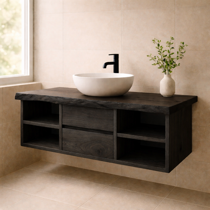 Minimalist Solid Wood Floating Bathroom Vanity with Live Edge Countertop and Dual Open Shelving