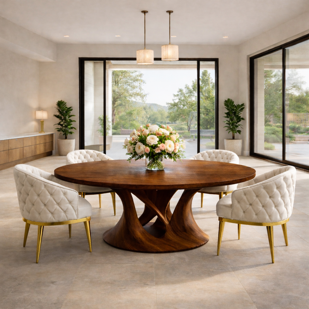 Modern Round Solid Wood Dining Table with Pedestal Base