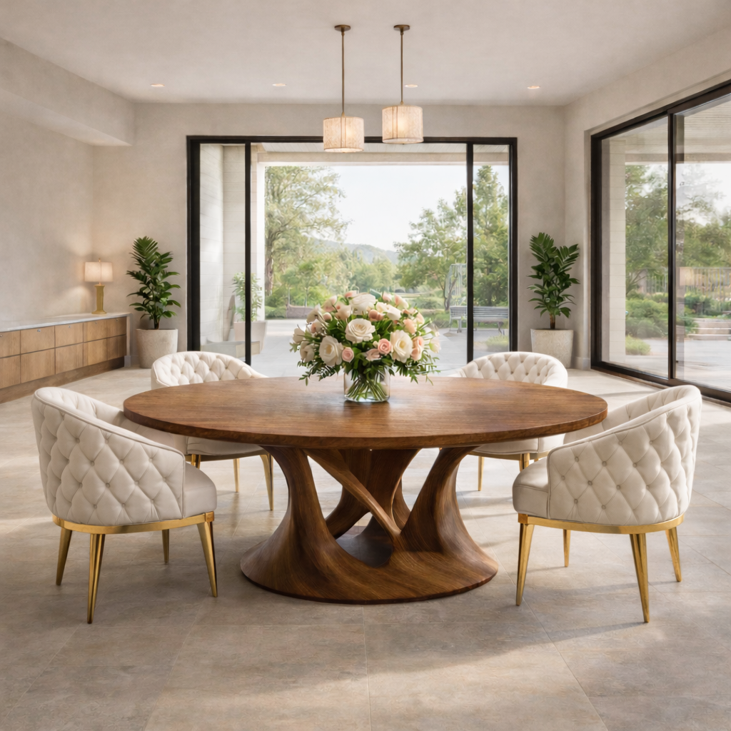 Modern Round Solid Wood Dining Table with Pedestal Base