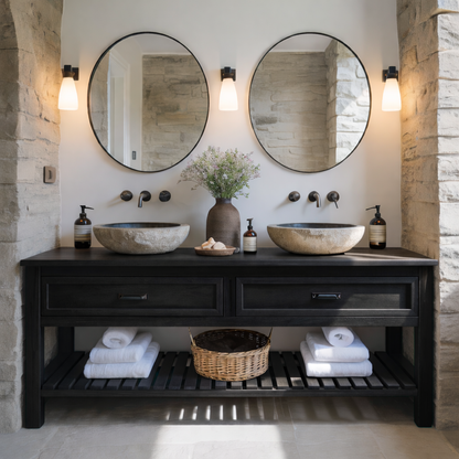 Rustic Solid Wood Double Bathroom Vanity with Open Slatted Shelf