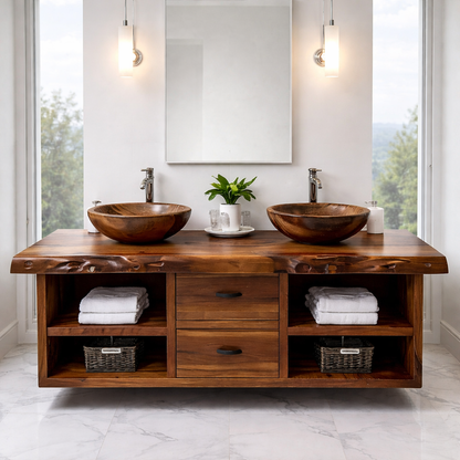 Floating Solid Wood Bathroom Vanity Cabinet with Drawers and Open Shelves