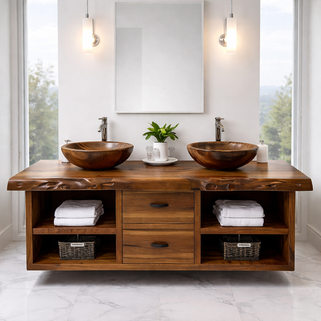 Floating Solid Wood Bathroom Vanity Cabinet with Drawers and Open Shelves