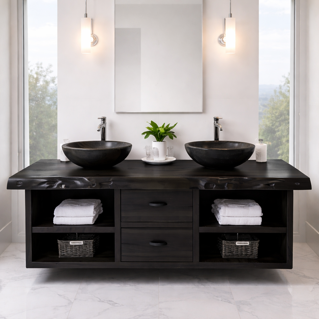 Floating Solid Wood Bathroom Vanity Cabinet with Drawers and Open Shelves