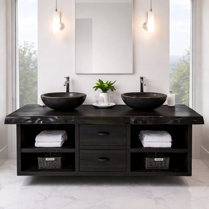 Floating Solid Wood Bathroom Vanity Cabinet with Drawers and Open Shelves