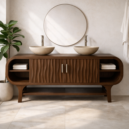 Solid Wood Bathroom Vanity Cabinet with Wave Texture Doors and Open Shelves