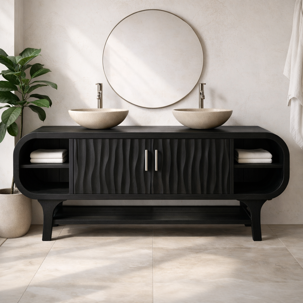 Solid Wood Bathroom Vanity Cabinet with Wave Texture Doors and Open Shelves