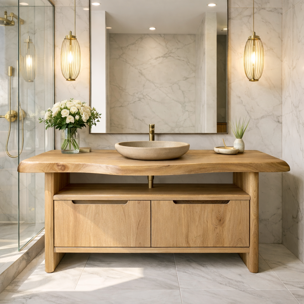 Live Edge Solid Wood Bathroom Vanity with Dual Drawers and Open Shelf for Contemporary Bathrooms