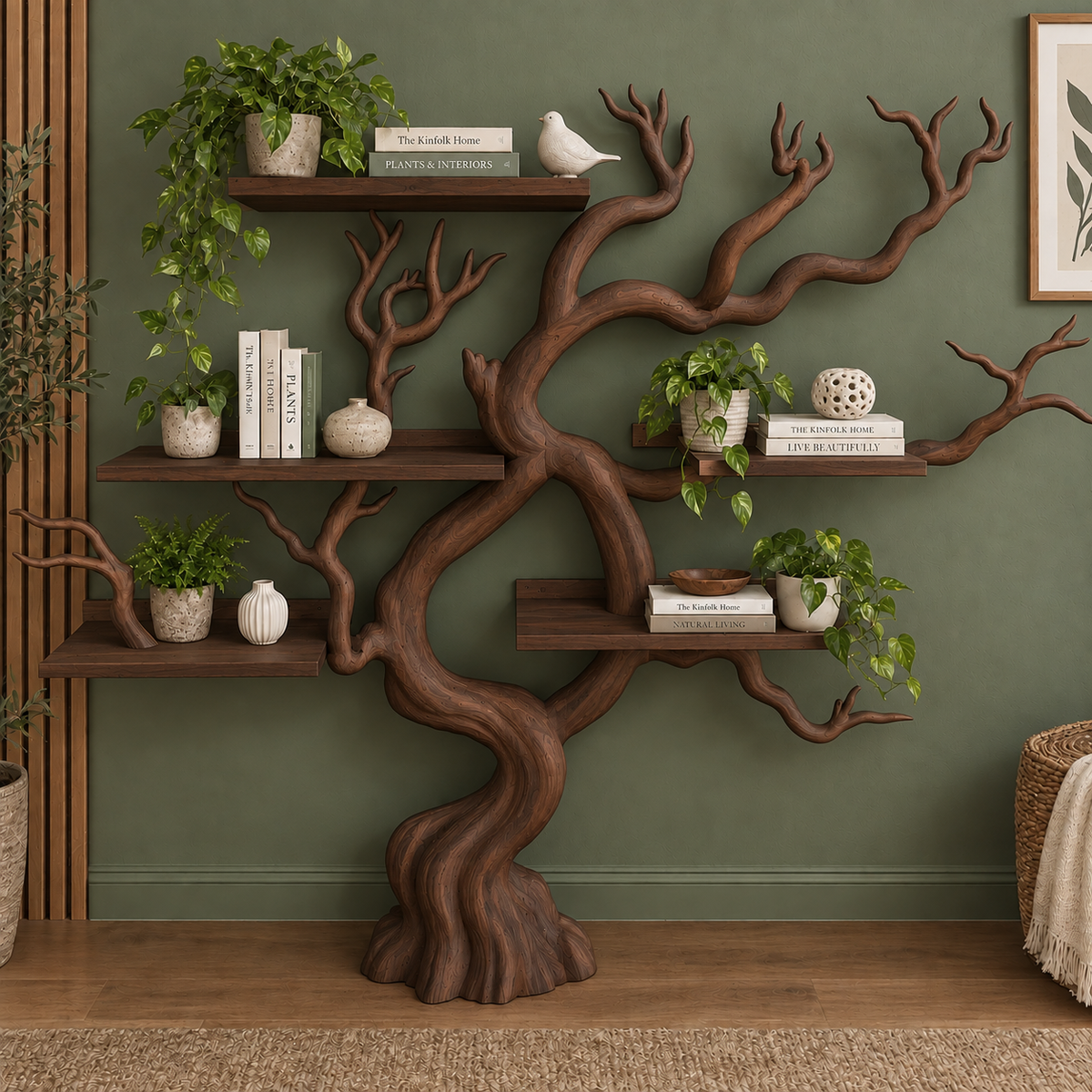 Handcrafted Solid Wood Tree Bookshelf Natural Branch Display Shelf