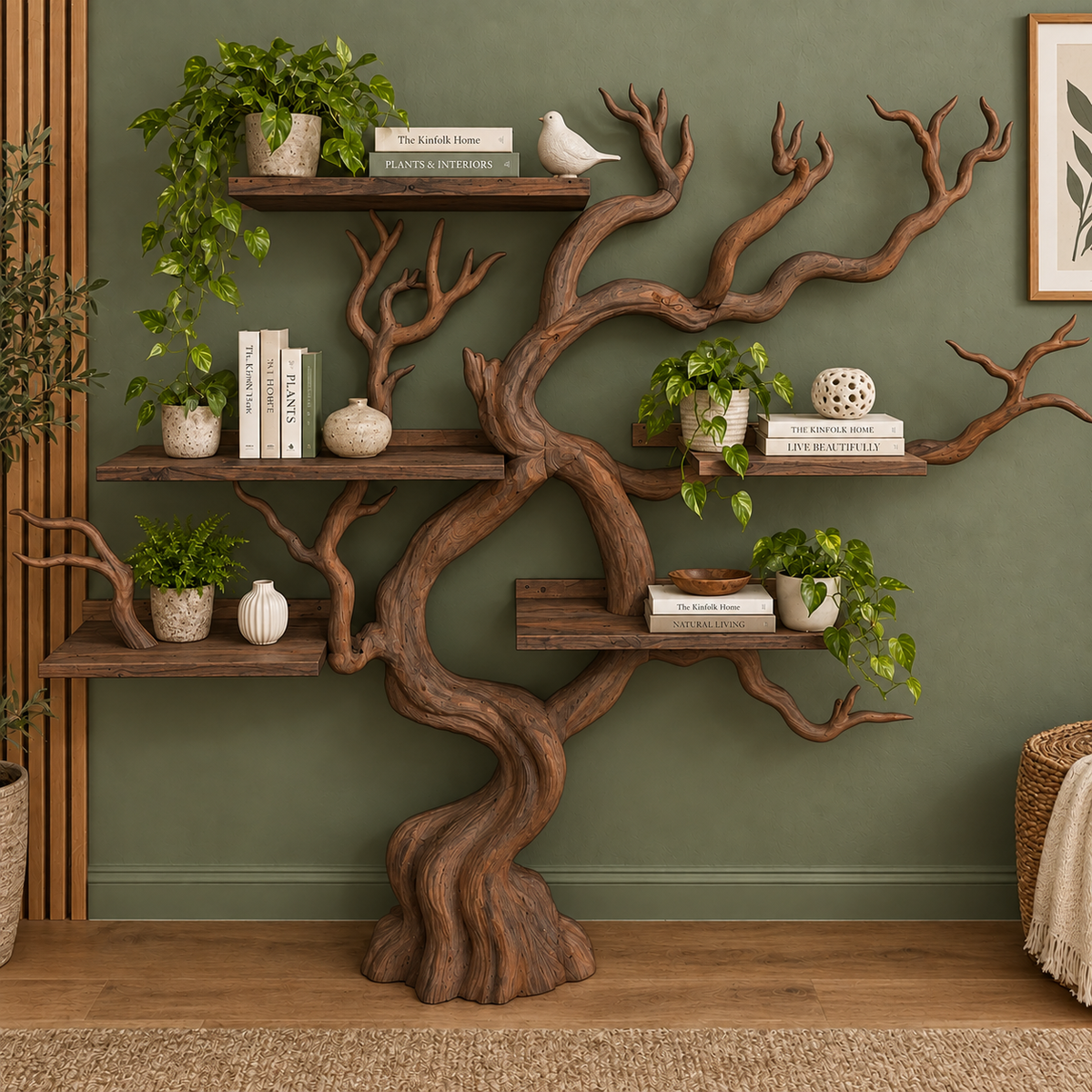 Handcrafted Solid Wood Tree Bookshelf Natural Branch Display Shelf