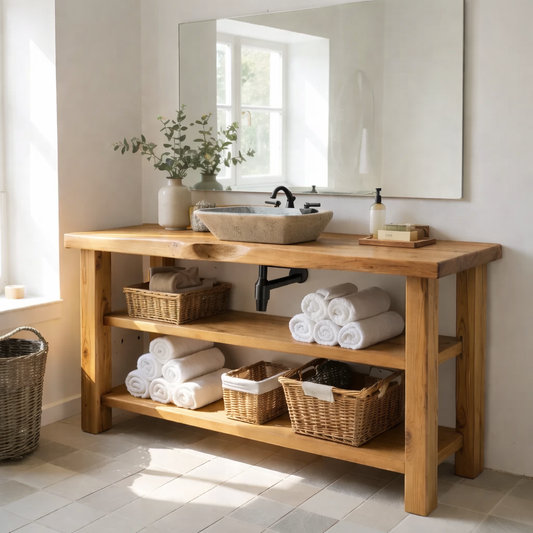 Solid Wood Console Bathroom Vanity with Open Shelves – Rustic Farmhouse Single Sink Vanity