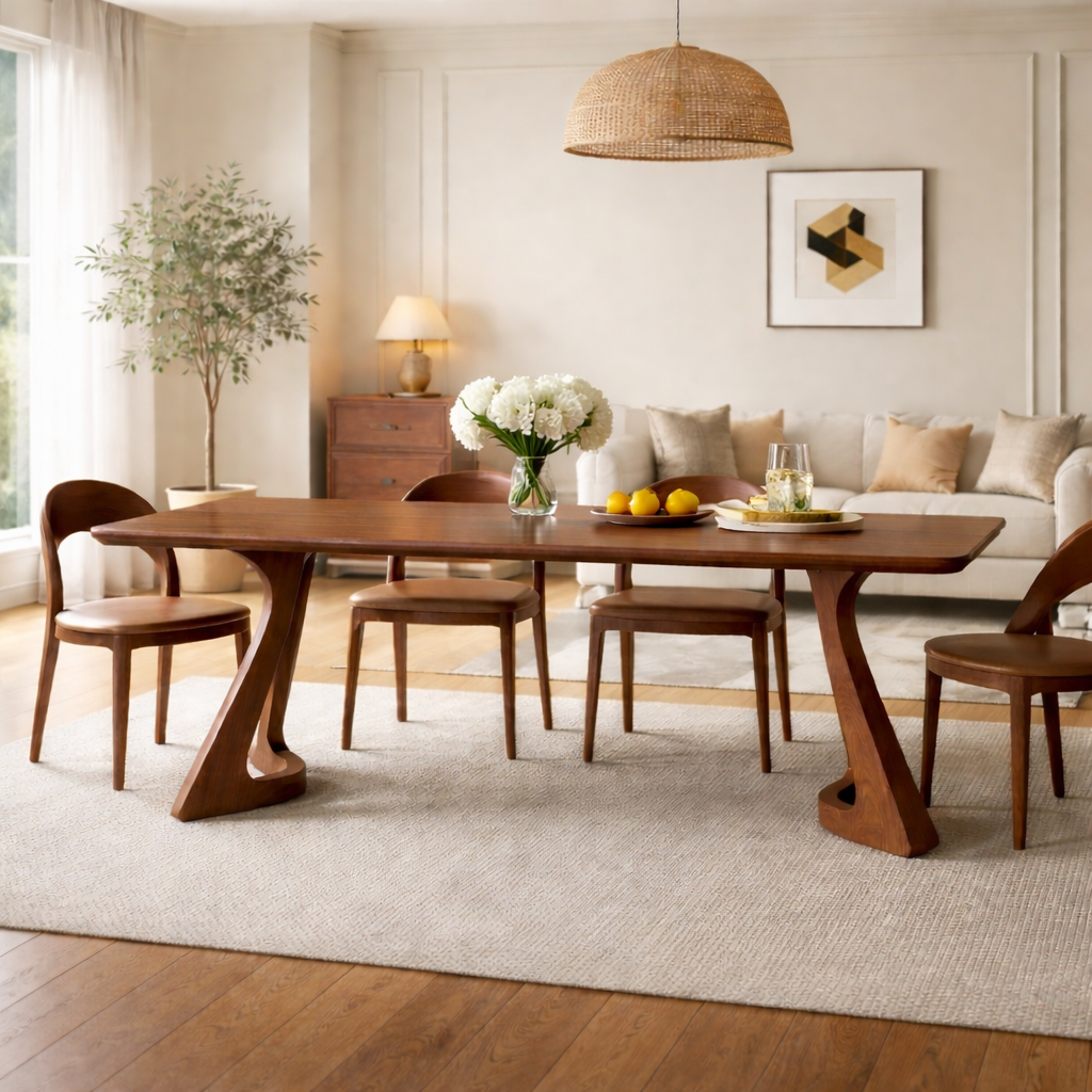 Modern Solid Wood Dining Table with Sculptural Artistic Base