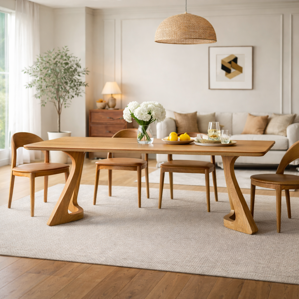 Modern Solid Wood Dining Table with Sculptural Artistic Base