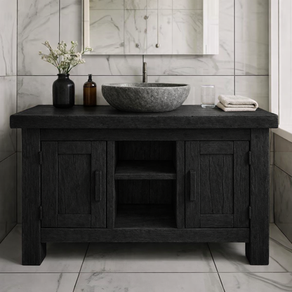 Farmhouse Solid Wood Bathroom Vanity Cabinet with Double Door Storage and Open Shelf