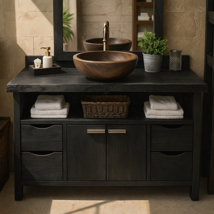 Rustic Solid Wood Bathroom Vanity Cabinet with Multi-Drawer Storage and Open Shelf