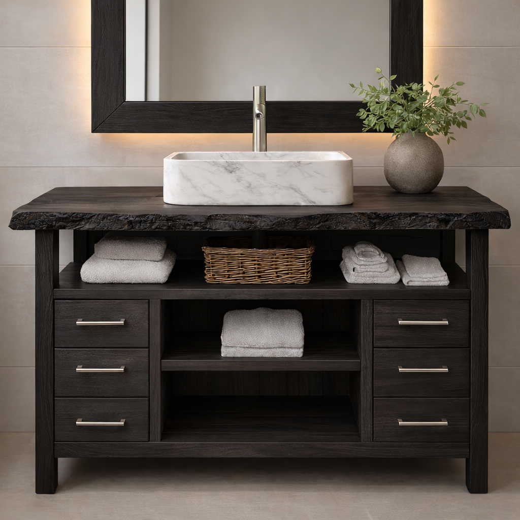 Solid Wood Bathroom Vanity with Six Drawers and Open Shelves – Freestanding Natural Wood Vanity Cabinet Kitchnce