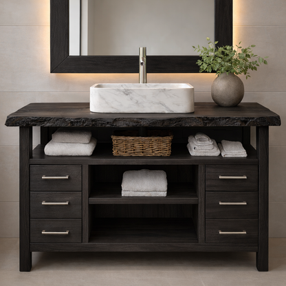 Solid Wood Bathroom Vanity with Six Drawers and Open Shelves – Freestanding Natural Wood Vanity Cabinet Kitchnce