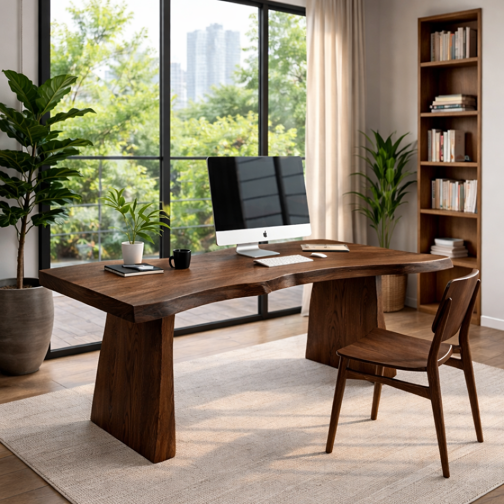 Solid Wood Live Edge Executive Desk for Modern Office with Natural Wood Slab