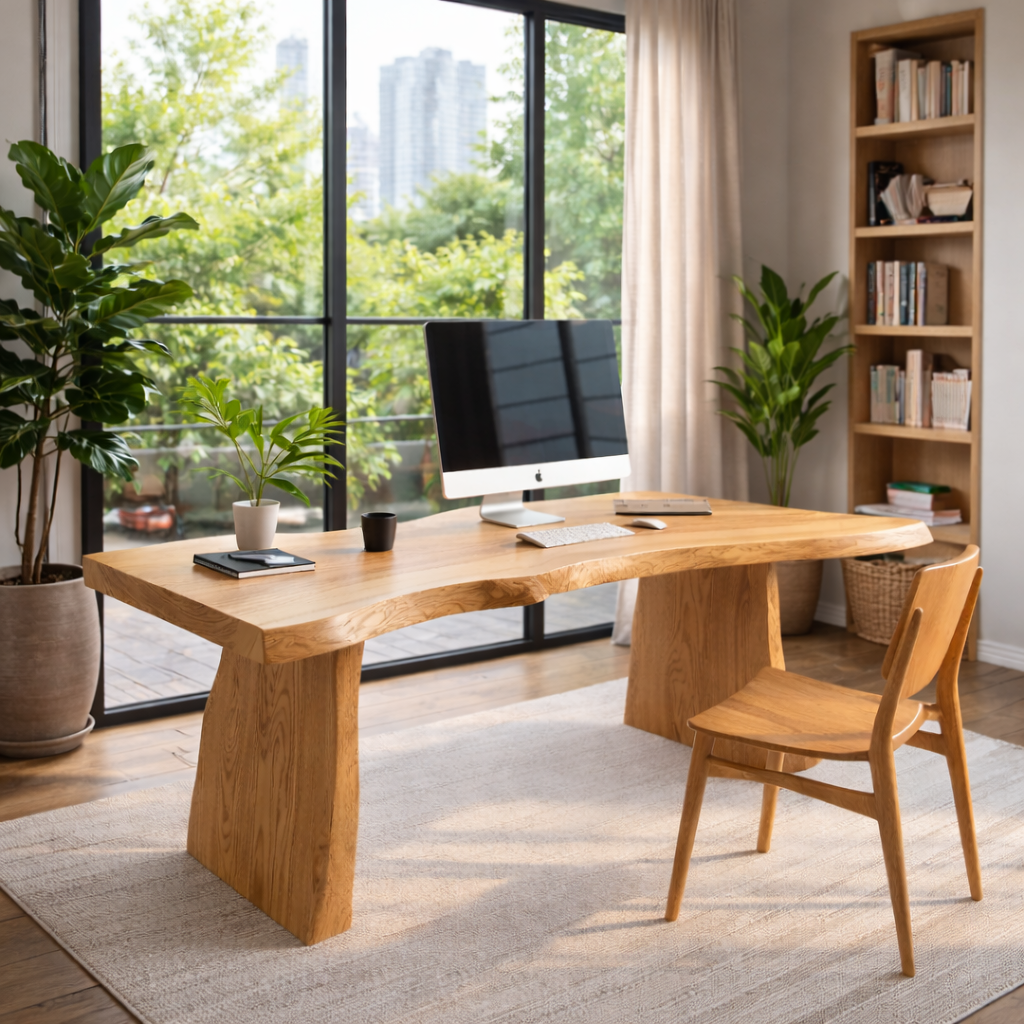 Solid Wood Live Edge Executive Desk for Modern Office with Natural Wood Slab