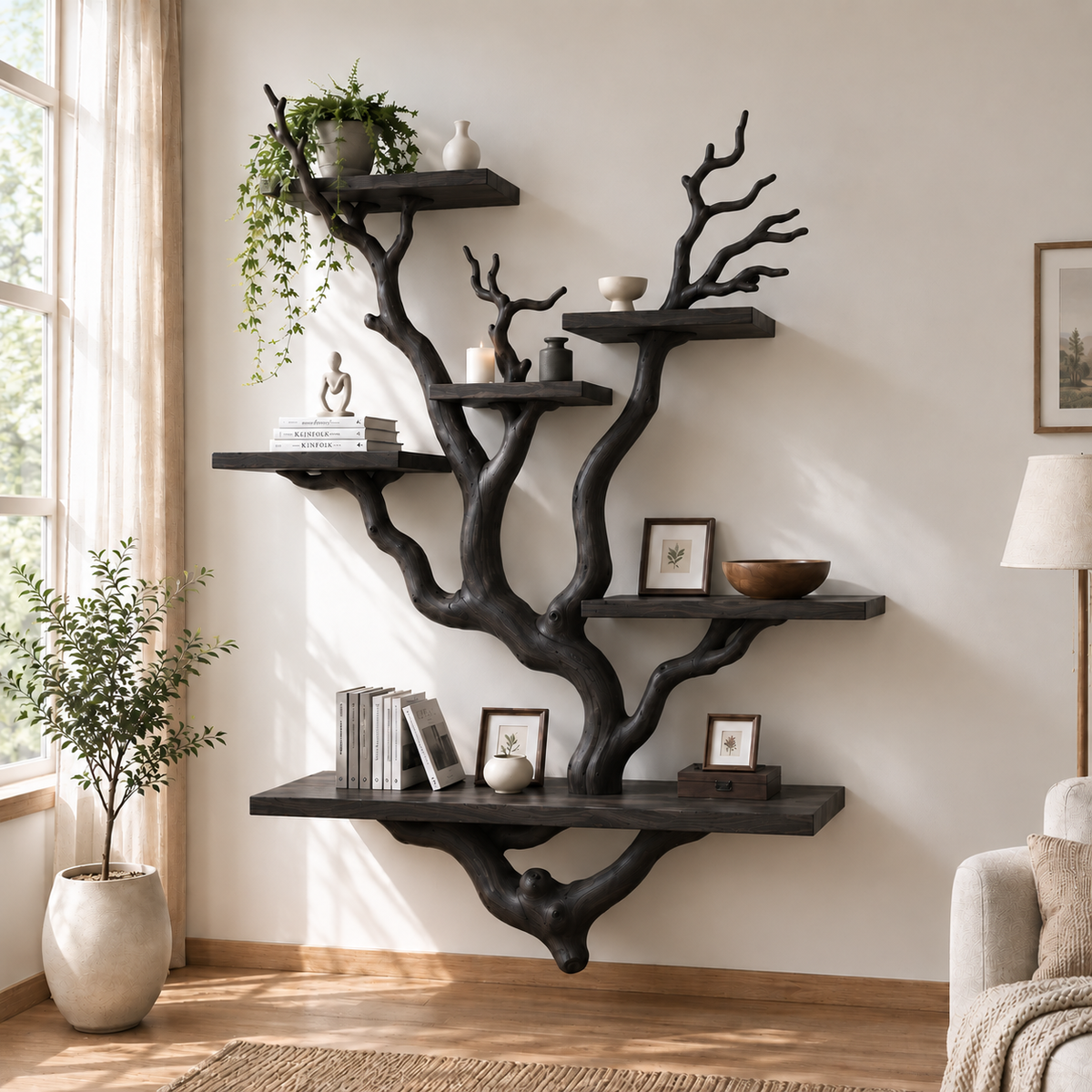 Handcrafted Solid Wood Tree Bookshelf with Sculptural Branch Shelves