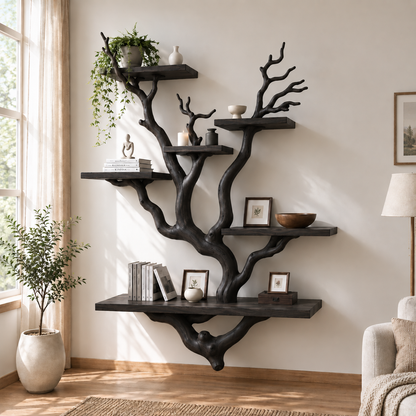 Handcrafted Solid Wood Tree Bookshelf with Sculptural Branch Shelves