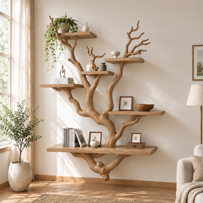 Handcrafted Solid Wood Tree Bookshelf with Sculptural Branch Shelves
