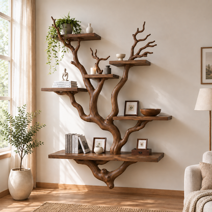 Handcrafted Solid Wood Tree Bookshelf with Sculptural Branch Shelves