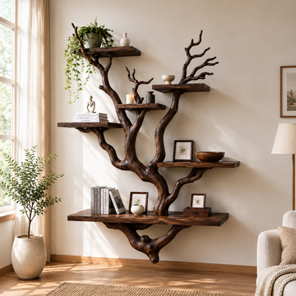 Handcrafted Solid Wood Tree Bookshelf with Sculptural Branch Shelves