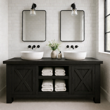 Solid Wood Double Bathroom Vanity Cabinet with Sliding Barn-Style Doors and Open Center Shelving