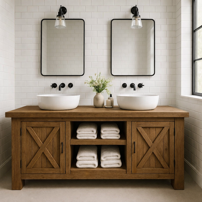 Solid Wood Double Bathroom Vanity Cabinet with Sliding Barn-Style Doors and Open Center Shelving