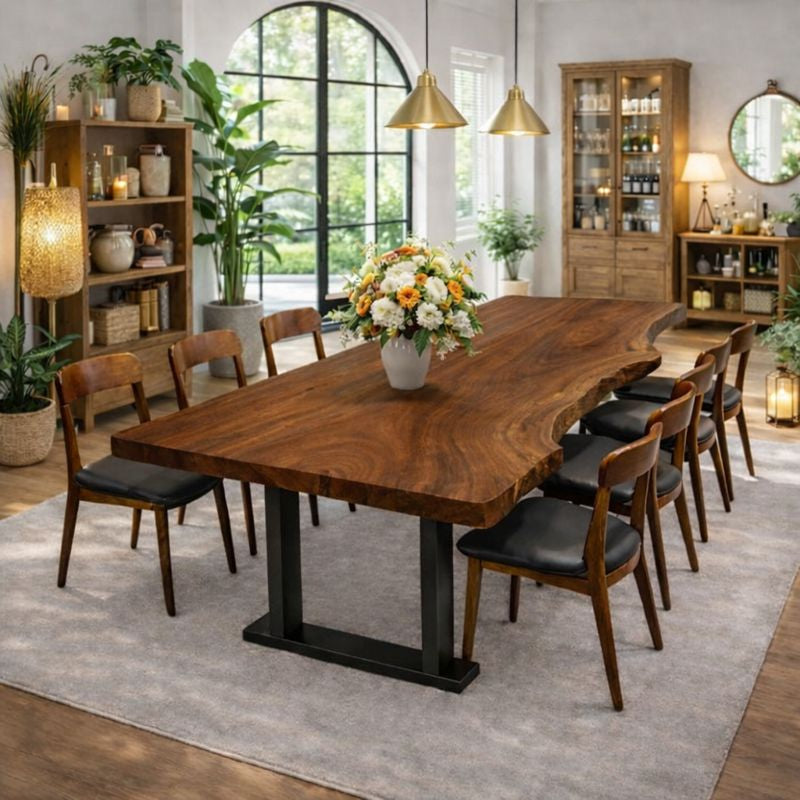 Modern Artful Live Edge Wood Dining Table with Minimal Metal Base