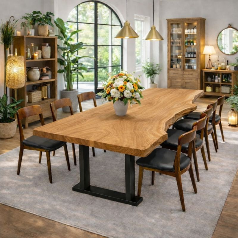 Modern Artful Live Edge Wood Dining Table with Minimal Metal Base
