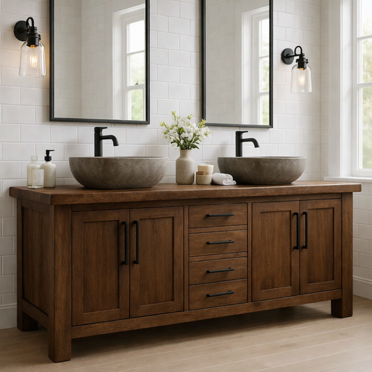 Solid Wood Double Bathroom Vanity Cabinet with Drawers & Doors – Rustic Farmhouse Vanity Base