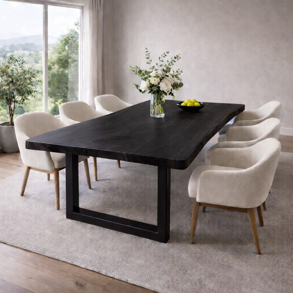 Modern Solid Wood Rectangular Dining Table with Black Steel Base