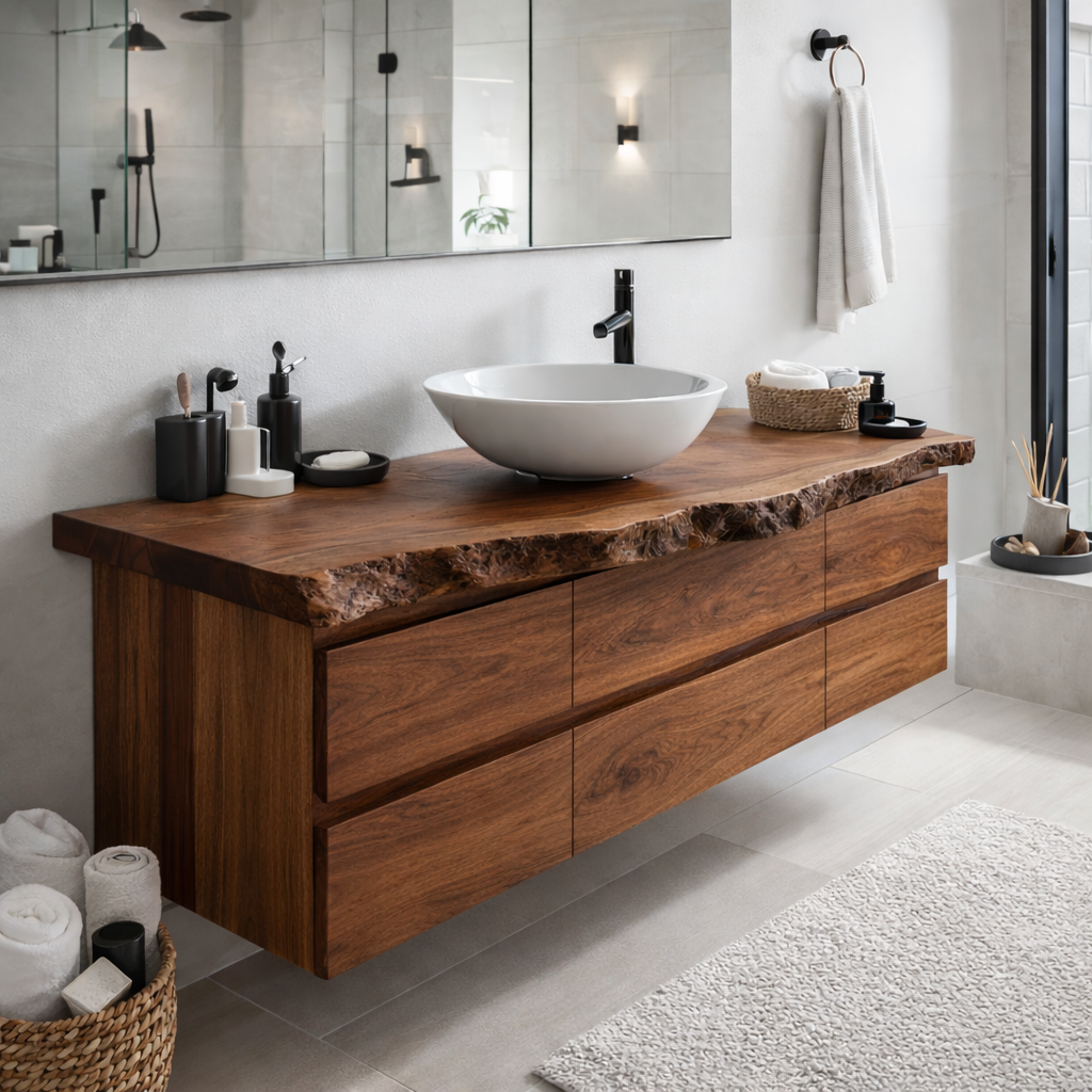 Solid Wood Floating Bathroom Vanity with Live Edge Top – Modern Wall Mounted Cabinet