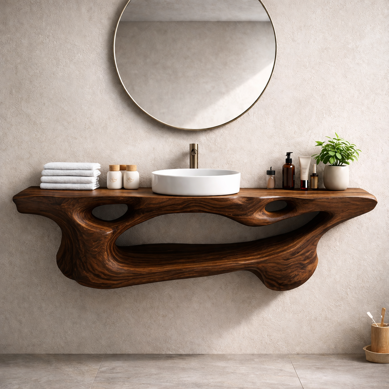 Solid Wood Floating Bathroom Vanity with Sculptural Live Edge – Modern Organic Wall Mounted Cabinet