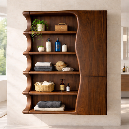 Solid Wood Floating Bathroom Cabinet with Wave Edge Shelves & Storage Door