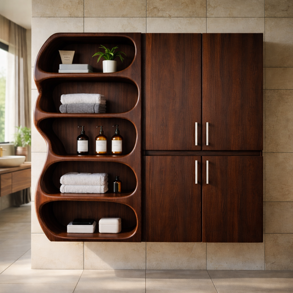 Solid Wood Bathroom Storage Cabinet with Open Shelf – Modern Wall Mounted Organizer