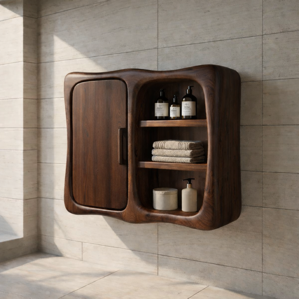 Solid Wood Wall Mounted Bathroom Cabinet – Curved Storage Cabinet with Open Shelf