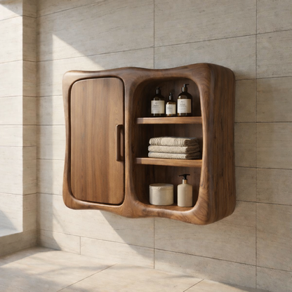 Solid Wood Wall Mounted Bathroom Cabinet – Curved Storage Cabinet with Open Shelf